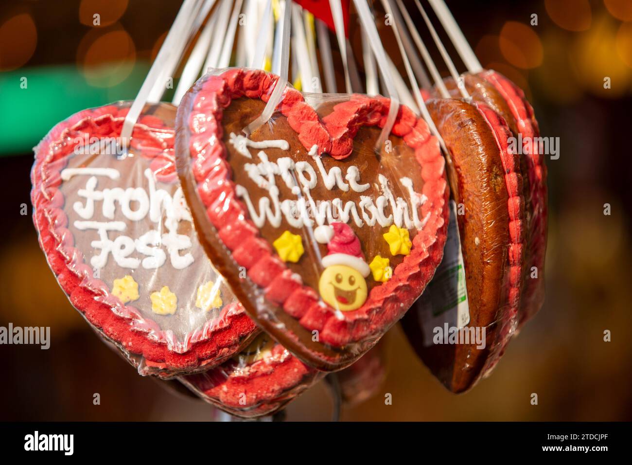 Gingerbread hearts with german Christmas greetings at a Christmas ...