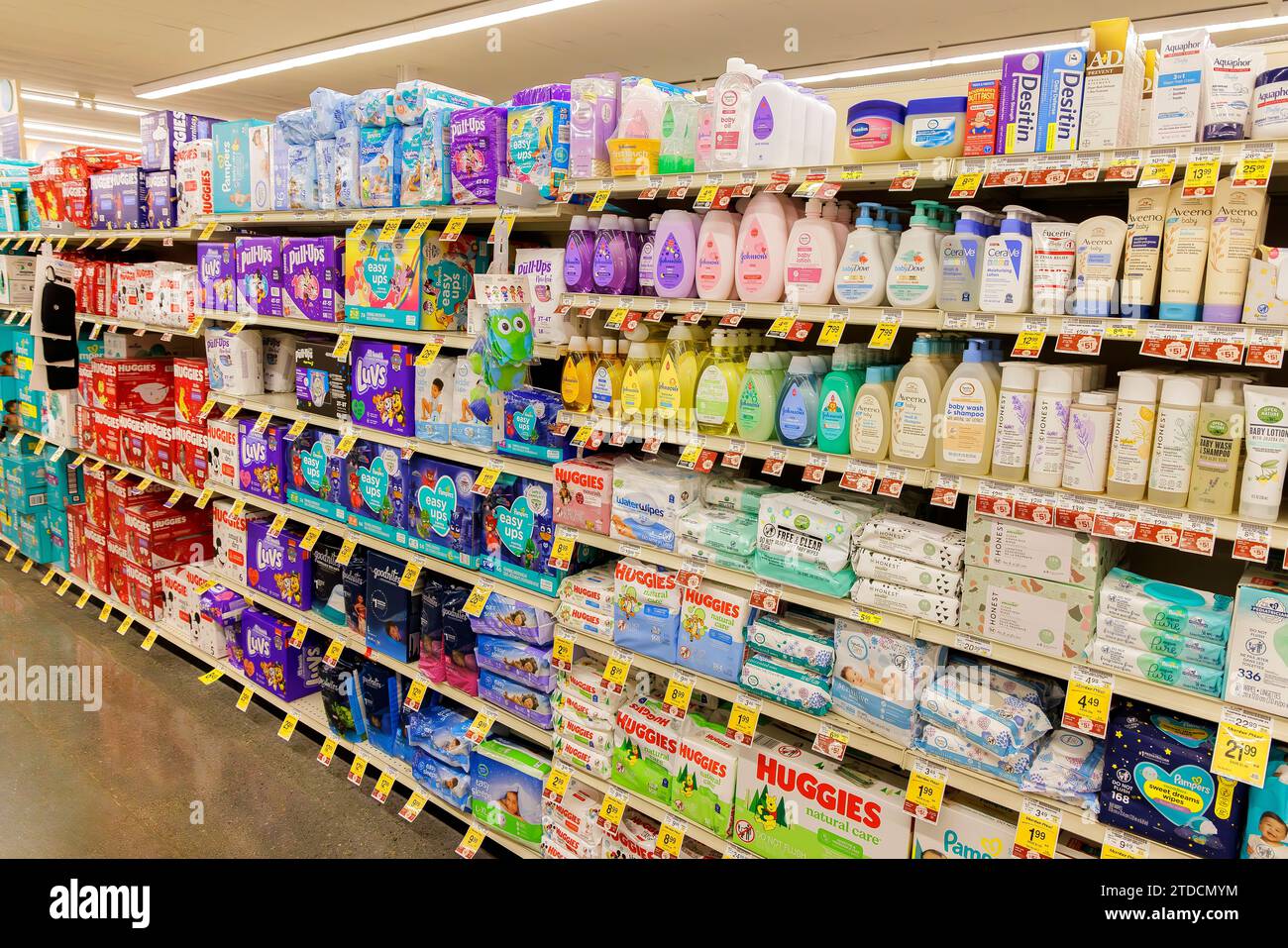 Baby products aisle at the supermarket in San Diego, California Stock Photo