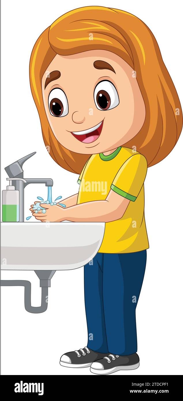 Cartoon little girl washing hands Stock Vector