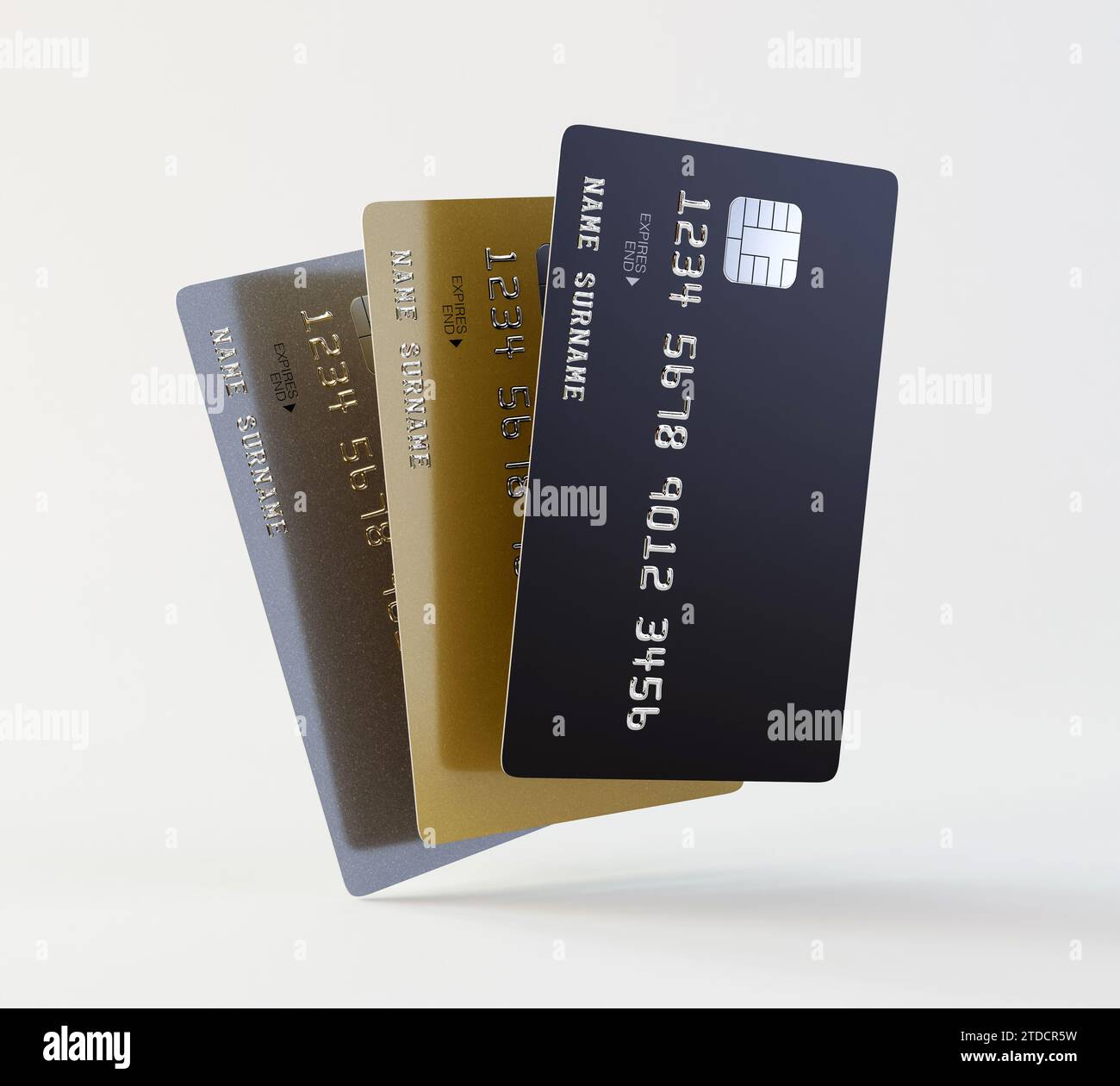 A collection of generic blank bank credit card on an isolated white studio background - 3D render Stock Photo