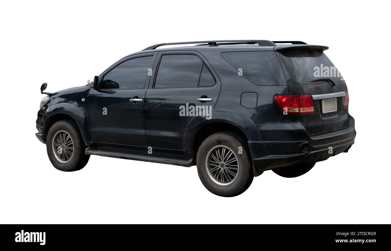 Back side view of black luxurious SUV car is isolated on white background with clipping path. Stock Photo