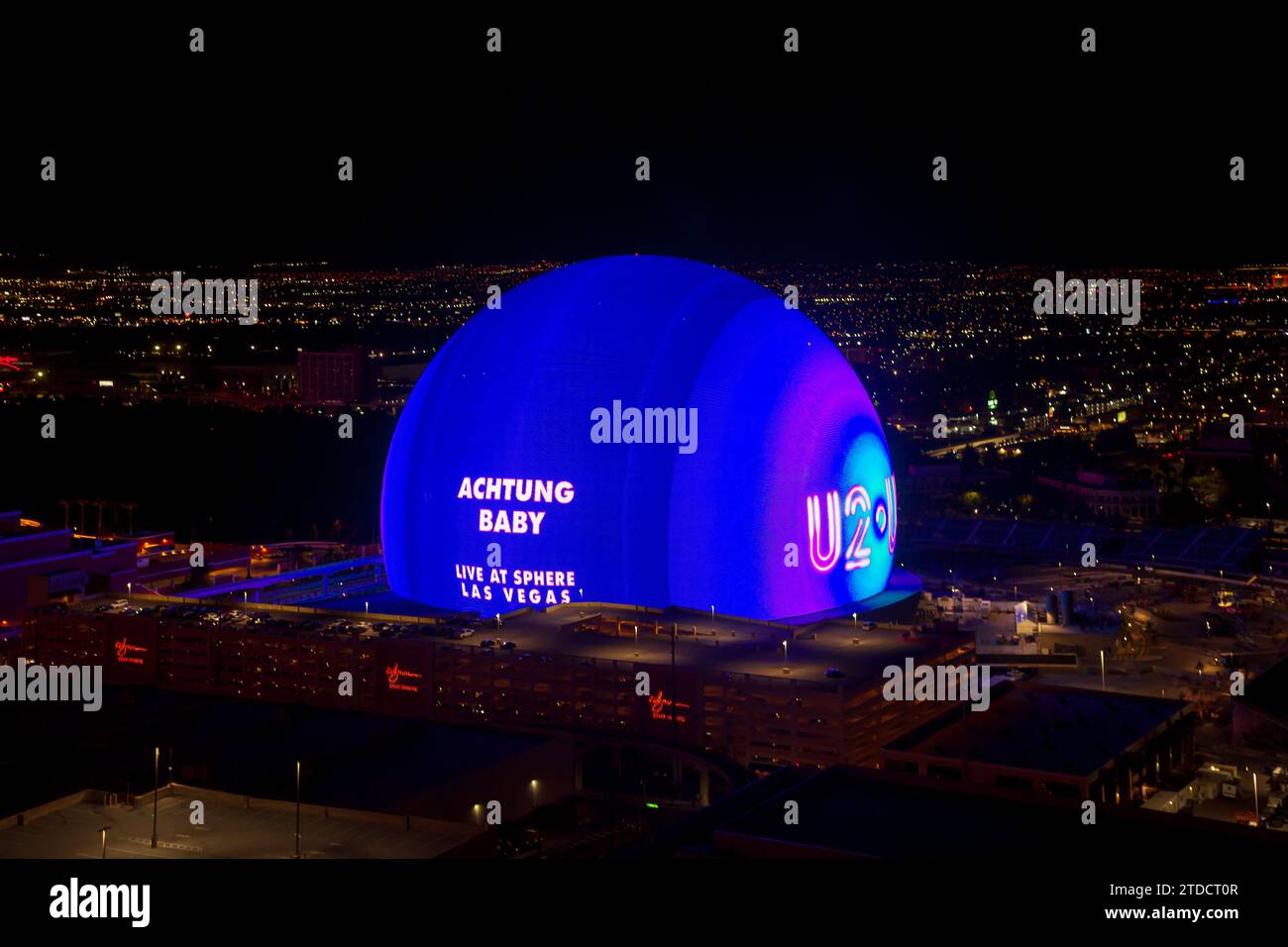 Las Vegas, Nevada, USA - November 7th, 2023: The Sphere Las Vegas illuminated at night with Achtung Baby Stock Photo
