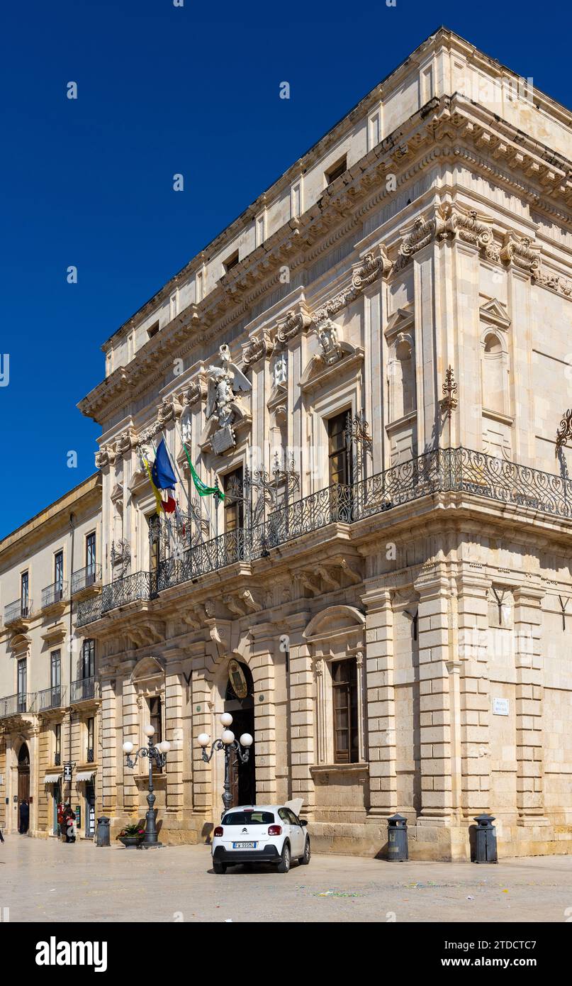 Syracuse, Sicily, Italy - February 16, 2023: Municipality Town Hall Palazzo del Vermexio Municipio at Piazza Duomo square on ancient Ortigia island Stock Photo