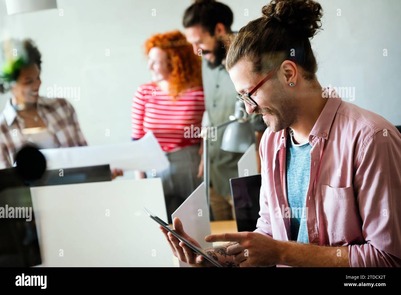 Software, coding and business woman on tablet thinking of data analytics, digital technology. Stock Photo