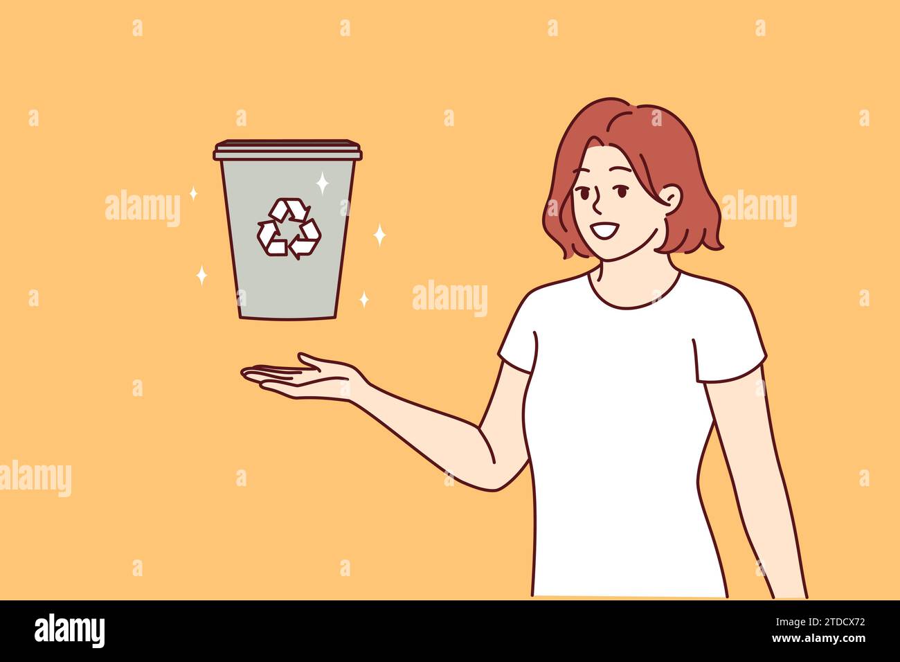 Woman displays trash can with recycling symbol and calls for sorting ...
