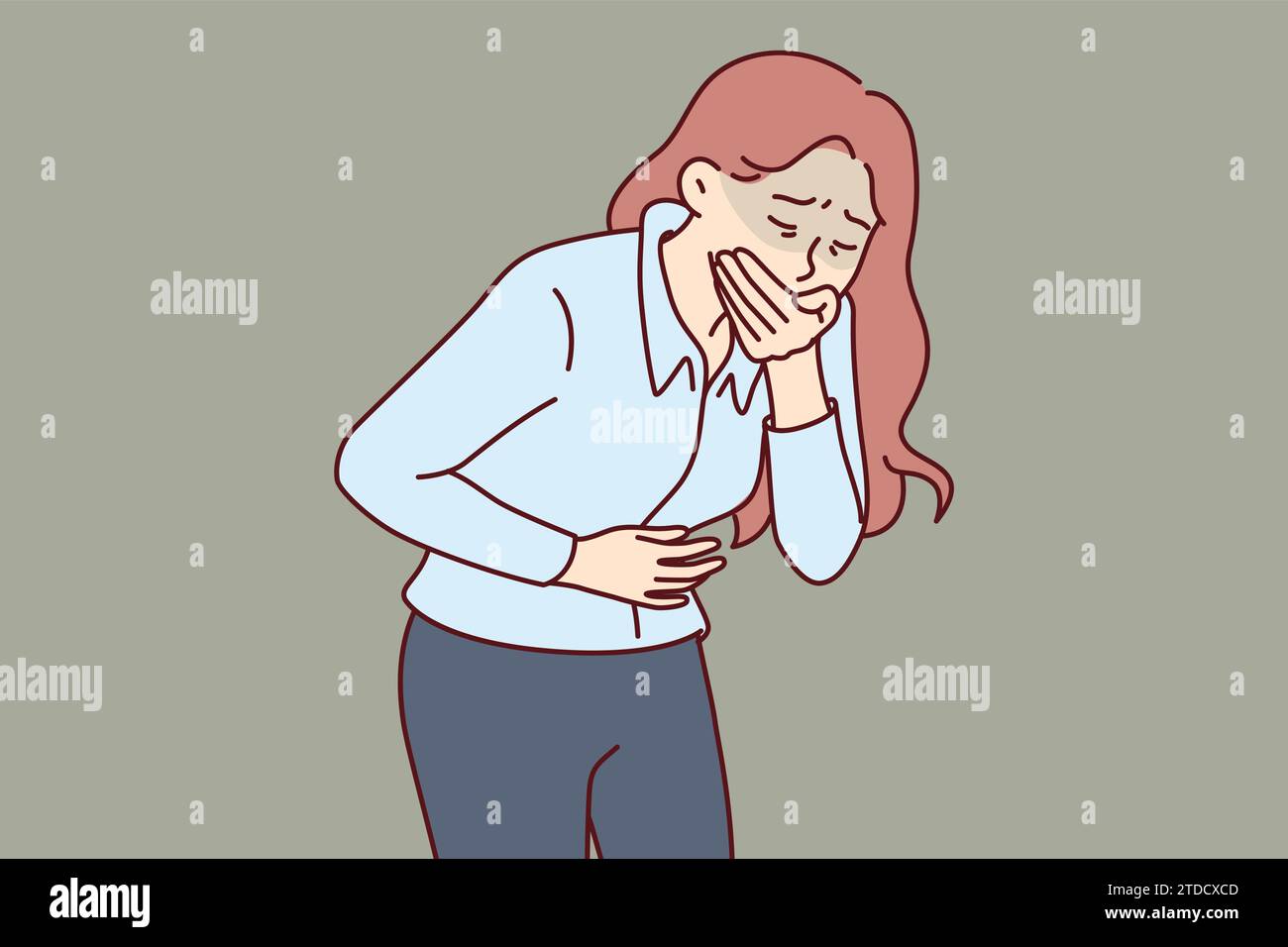 Woman suffers from nausea and covers mouth with hand after poisoning or alcohol intoxication causing vomiting. Girl feels nausea caused by intestinal disorder that negatively affects health. Stock Vector