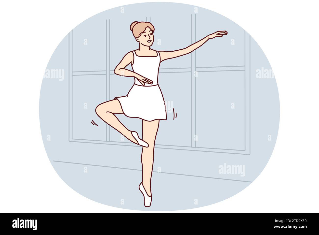 Young woman in tutu dancing in school. Smiling girl in dress practice ballerina moves indoors. Hobby and entertainment. Vector illustration. Stock Vector