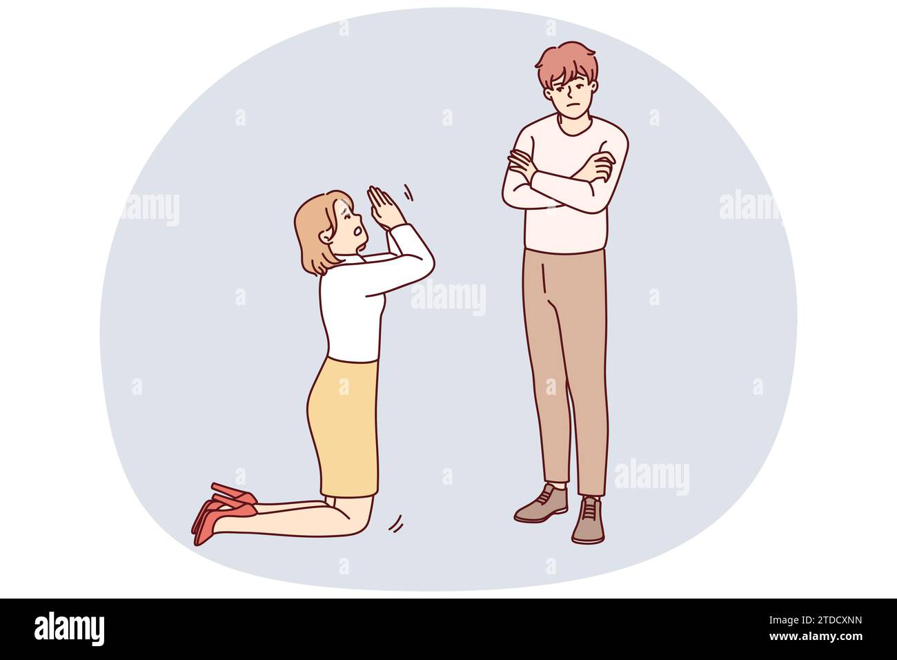 Woman kneel ask forgiveness from man. Female stand on knees beg stubborn offended male to forgive. Relationship problems. Vector illustration. Stock Vector