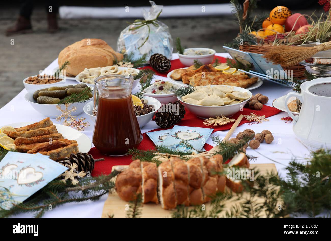 Christmas food on the table decorating with a white tablecloth Stock Photo
