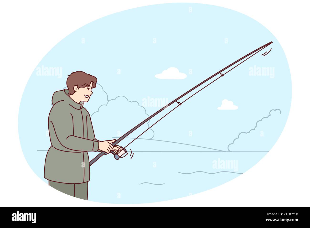 illustration of a trout fish fly fishing with fishing rod on