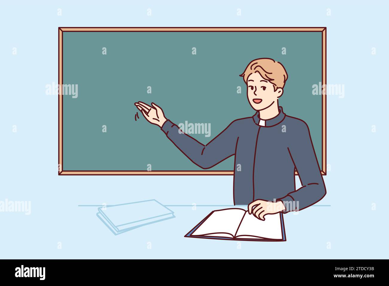 Priest teaching sunday school visitors stands near blackboard and tells students about benefits of prayer. Teacher priest from religious school working in field of christian and catholic education Stock Vector