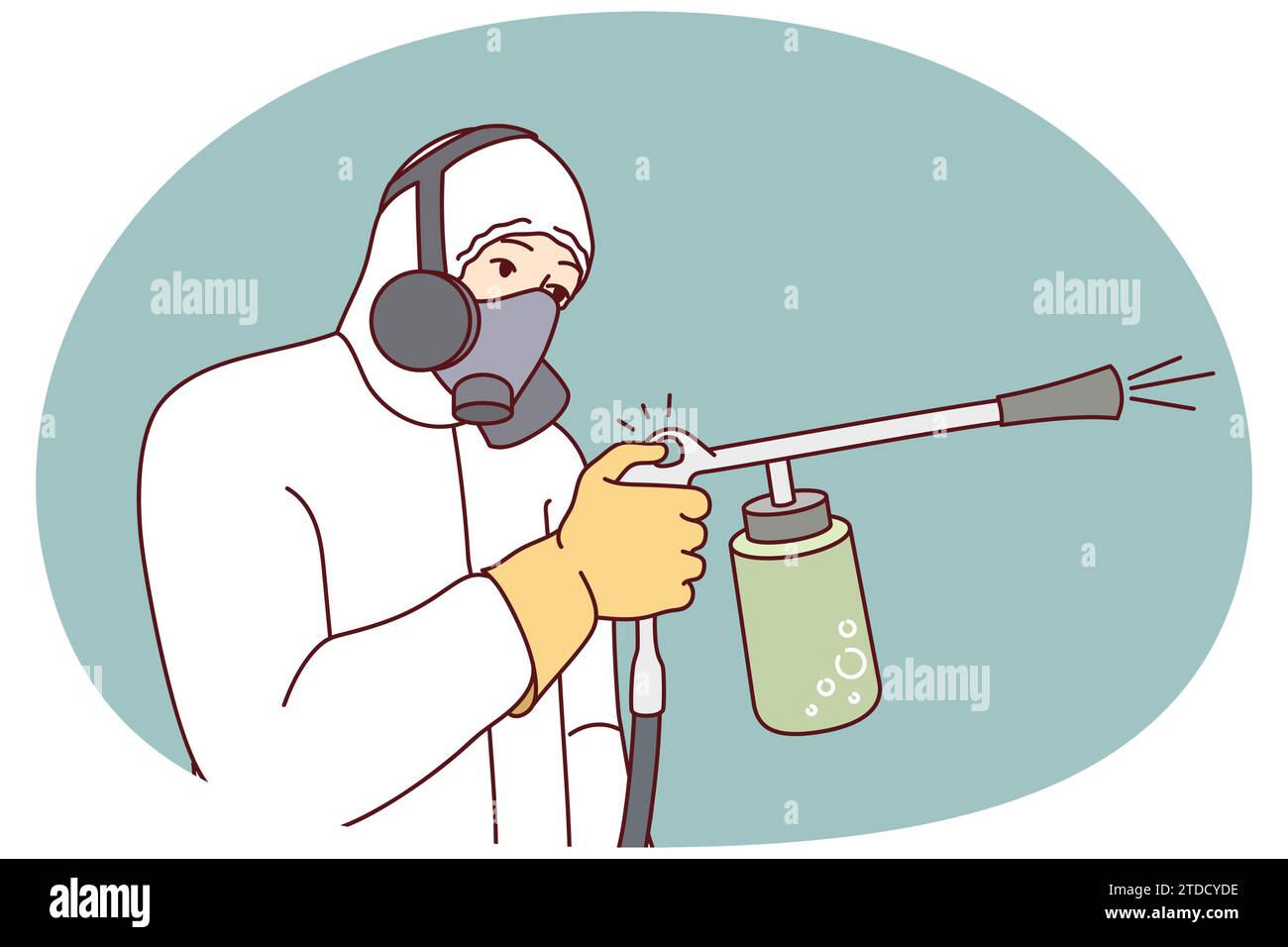 Man in protective uniform spraying pesticide to kill insects and rodents. Male exterminator or pest control worker in suit doing disinfection. Vector illustration. Stock Vector