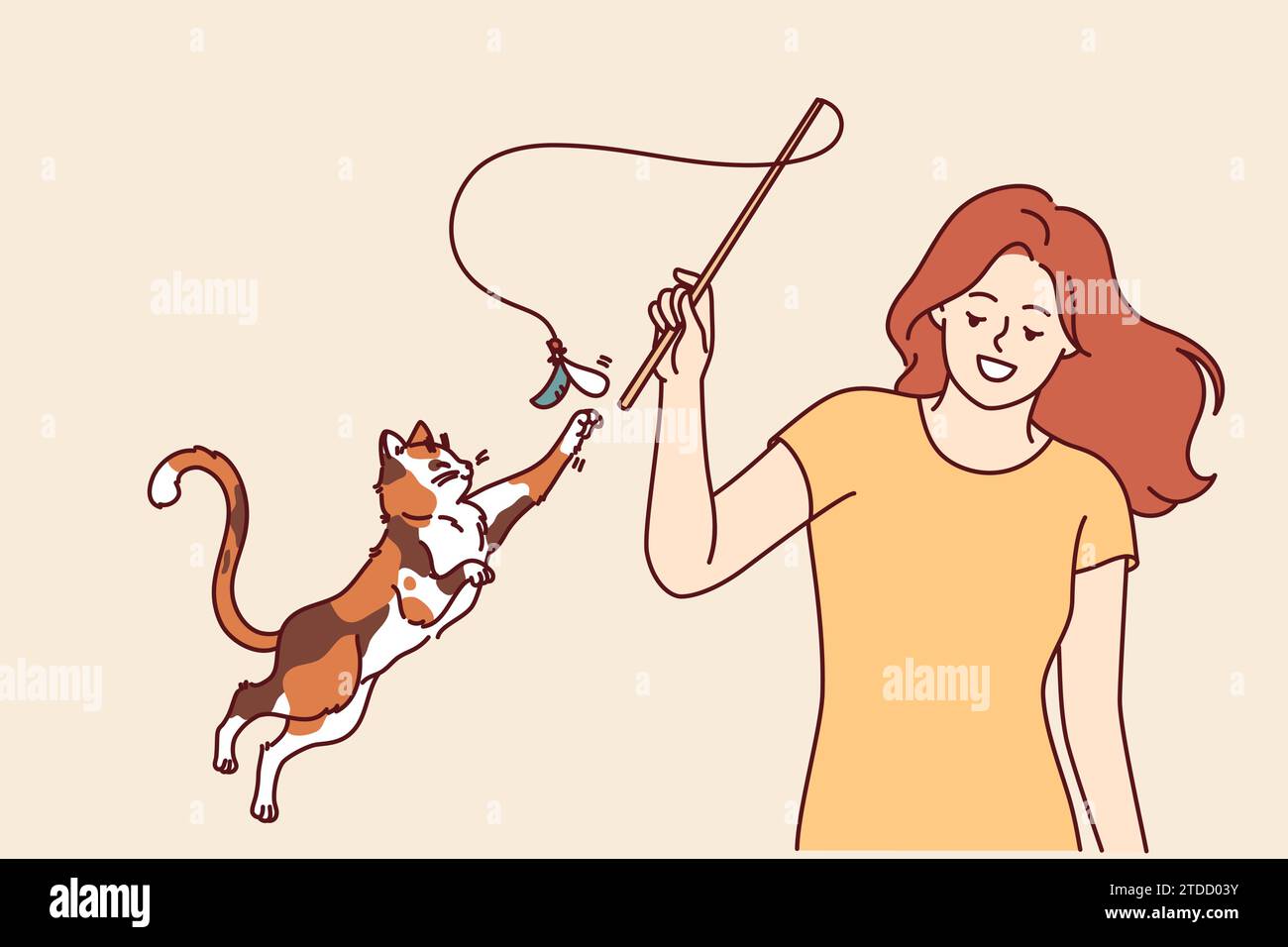 Woman plays with cat and waves bow on string, feeling pleasure thanks ...