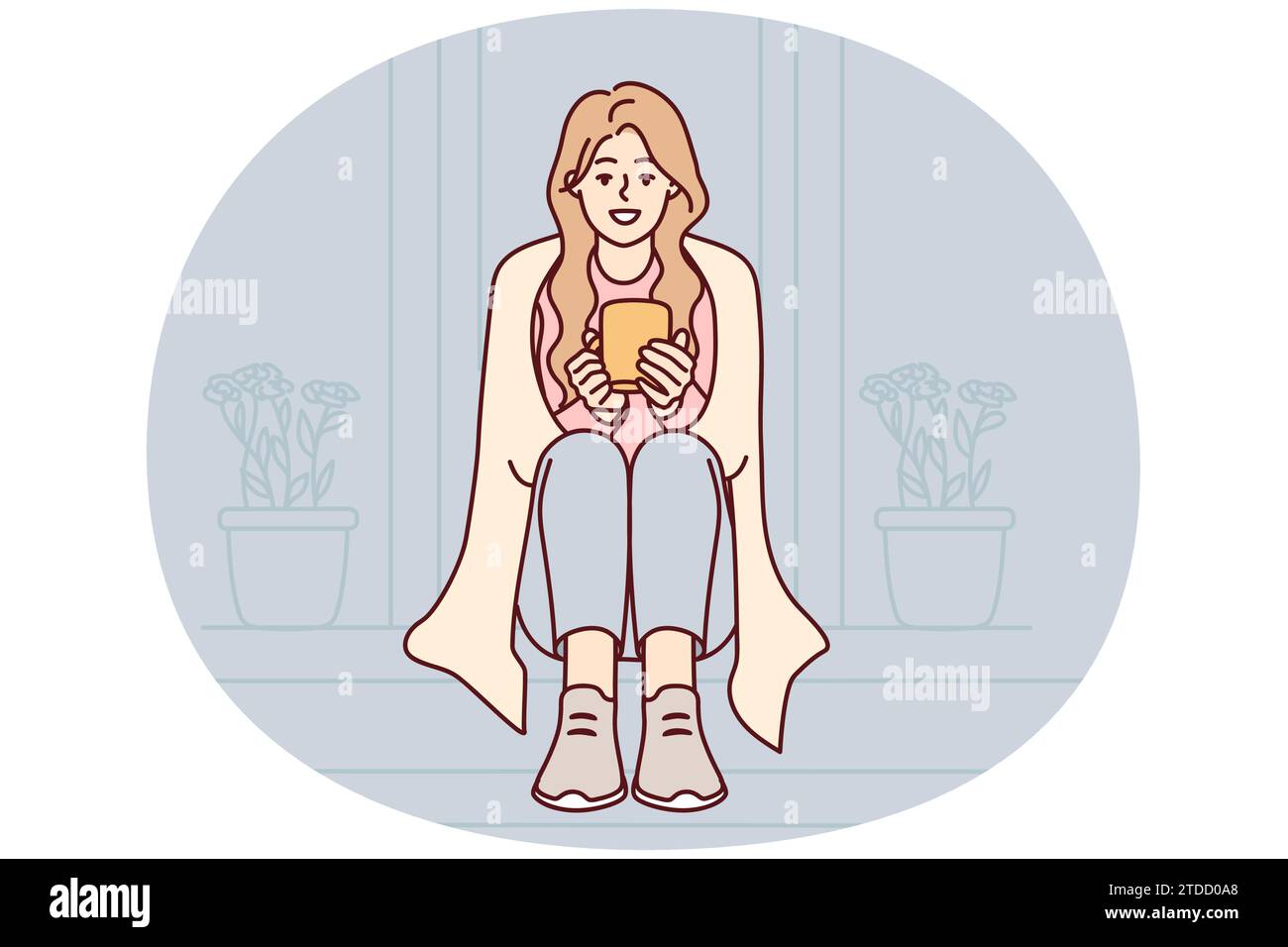 Happy woman sit on stairs at home drinking warm coffee. Smiling girl enjoy outside with tea in morning. Vector illustration. Stock Vector