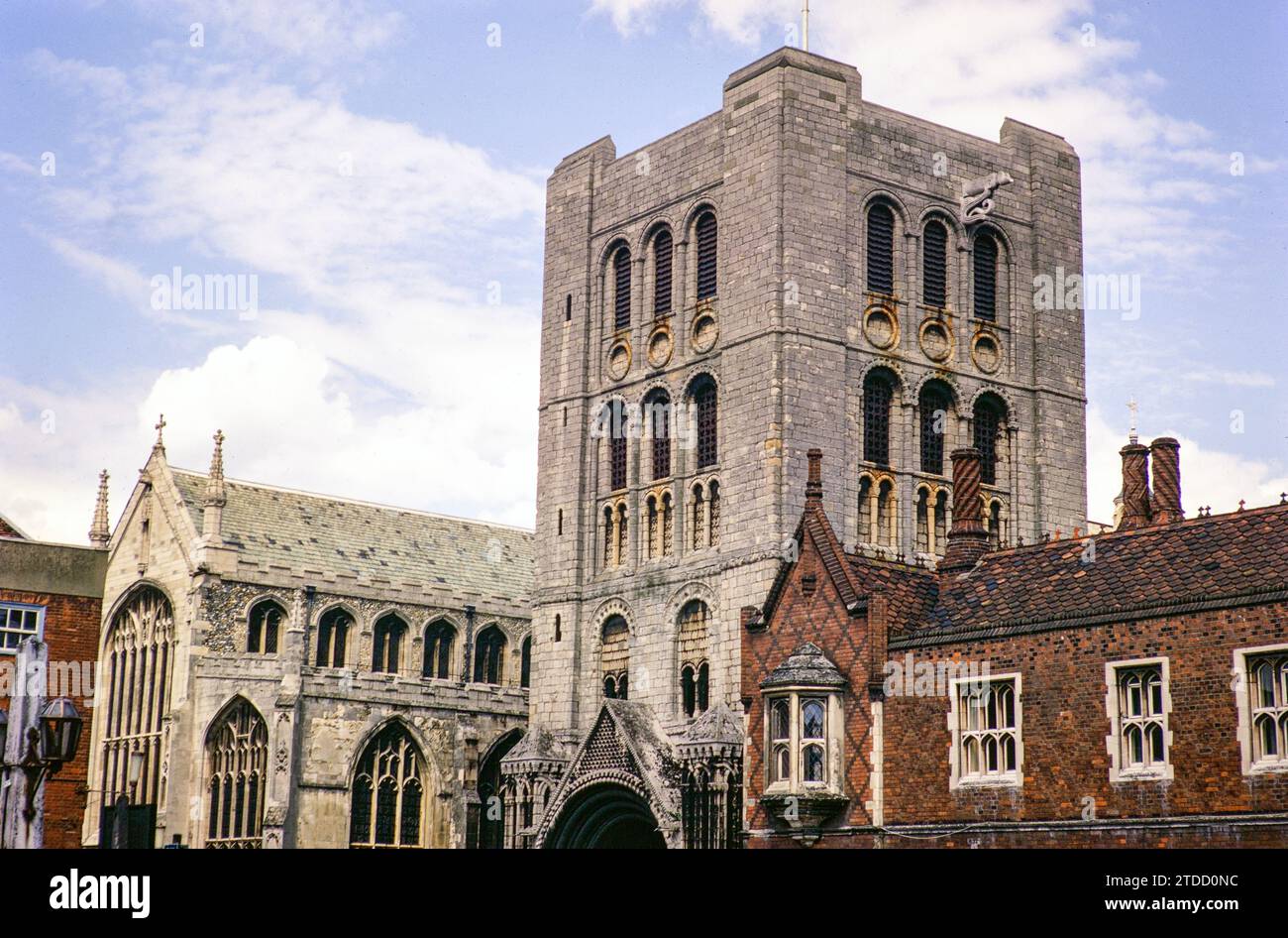Norman tower of St Edmundsbury  cathedral, Bury St Edmunds, Suffolk, England, UK July 1972 Stock Photo