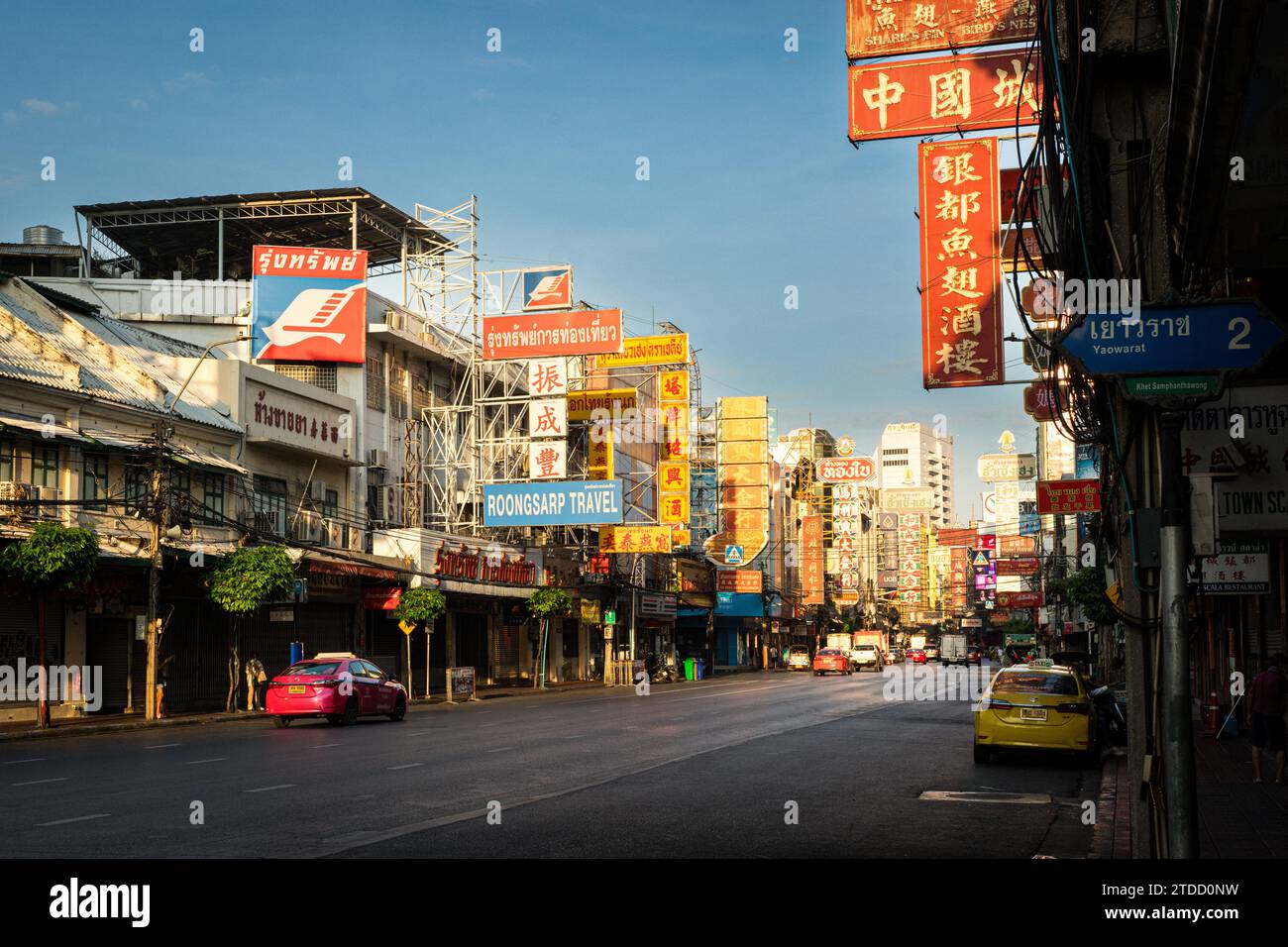 Bangkok, Thailand - Dec 5, 2023: Morning street view of Yaowarat road, main street of Chinatown in Bangkok, Thailand. Stock Photo