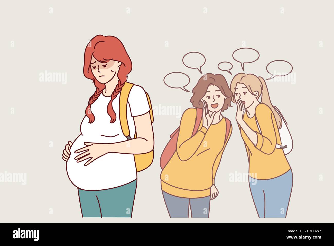 Pregnant teenage woman, victim of bullying, stands near judgmental classmates with backpacks. Pregnant schoolgirl needs help from child psychologist or switching to home schooling. Stock Vector