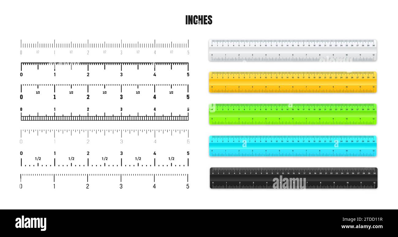 Realistic plastic rulers with black inch scale for measuring length or ...