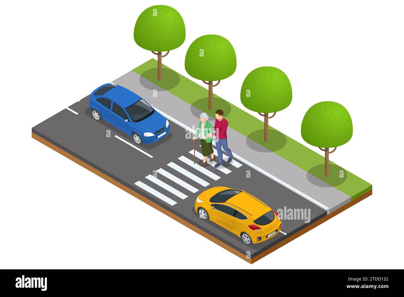Isometric concept of helping the elderly in the city. A man helps an old woman cross the road at a pedestrian crossing Stock Vector