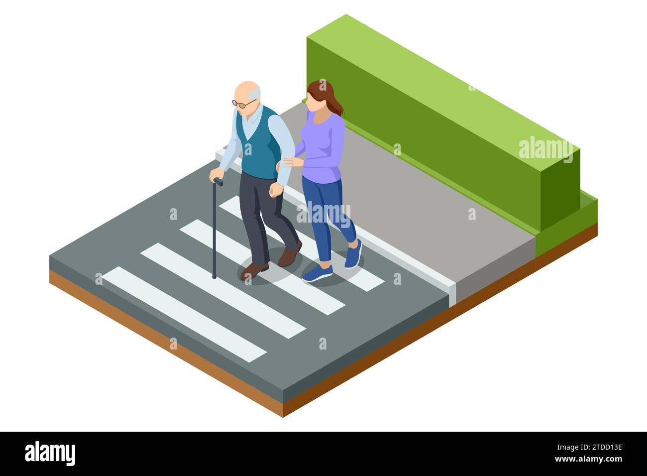Isometric concept of helping the elderly in the city. A woman helps an old man cross the road at a pedestrian crossing Stock Vector