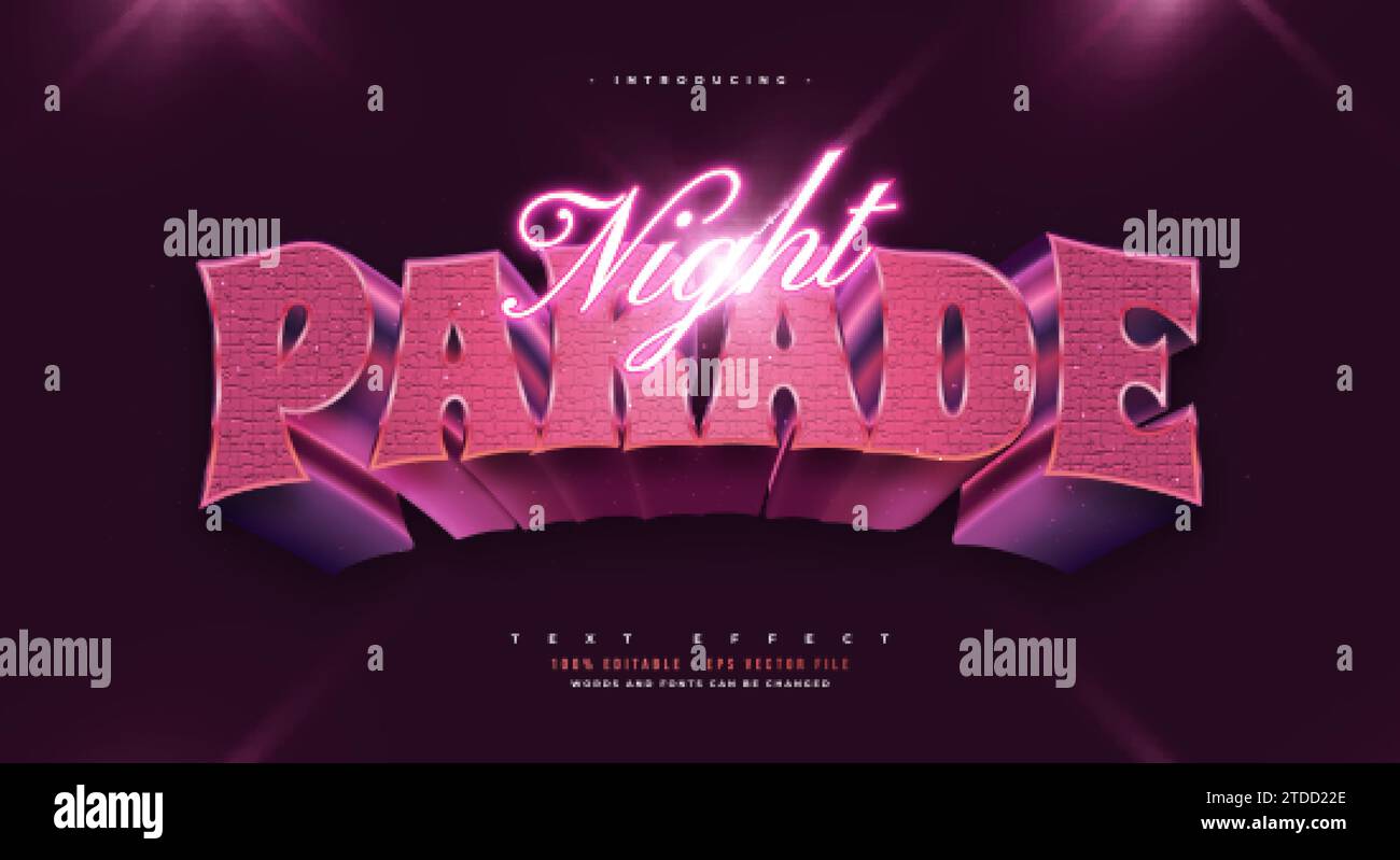 Night Parade Text Style with Glowing Neon and 3D Effect Stock Vector
