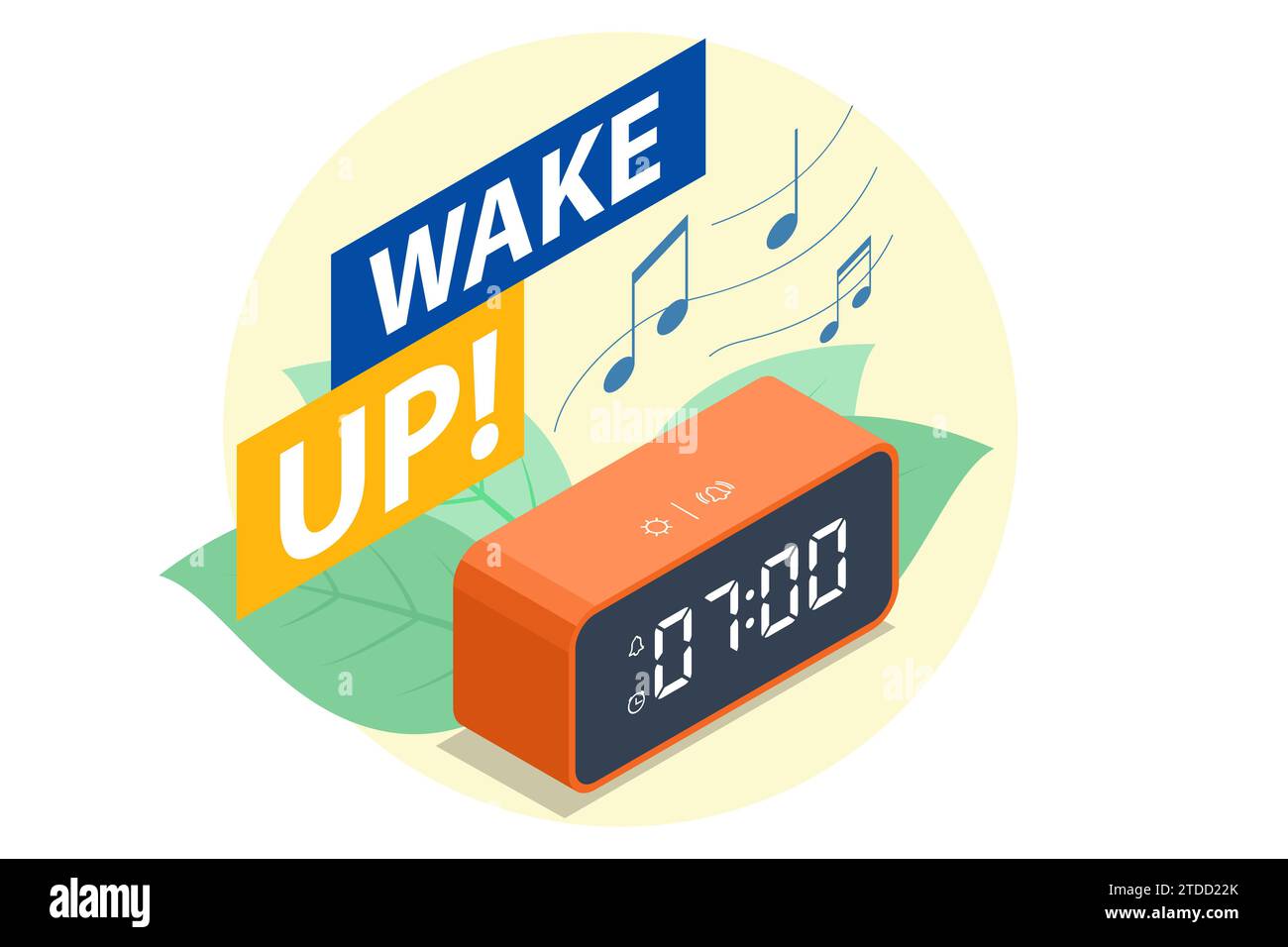 Isometric representation of an alarm clock waking up, with ringing