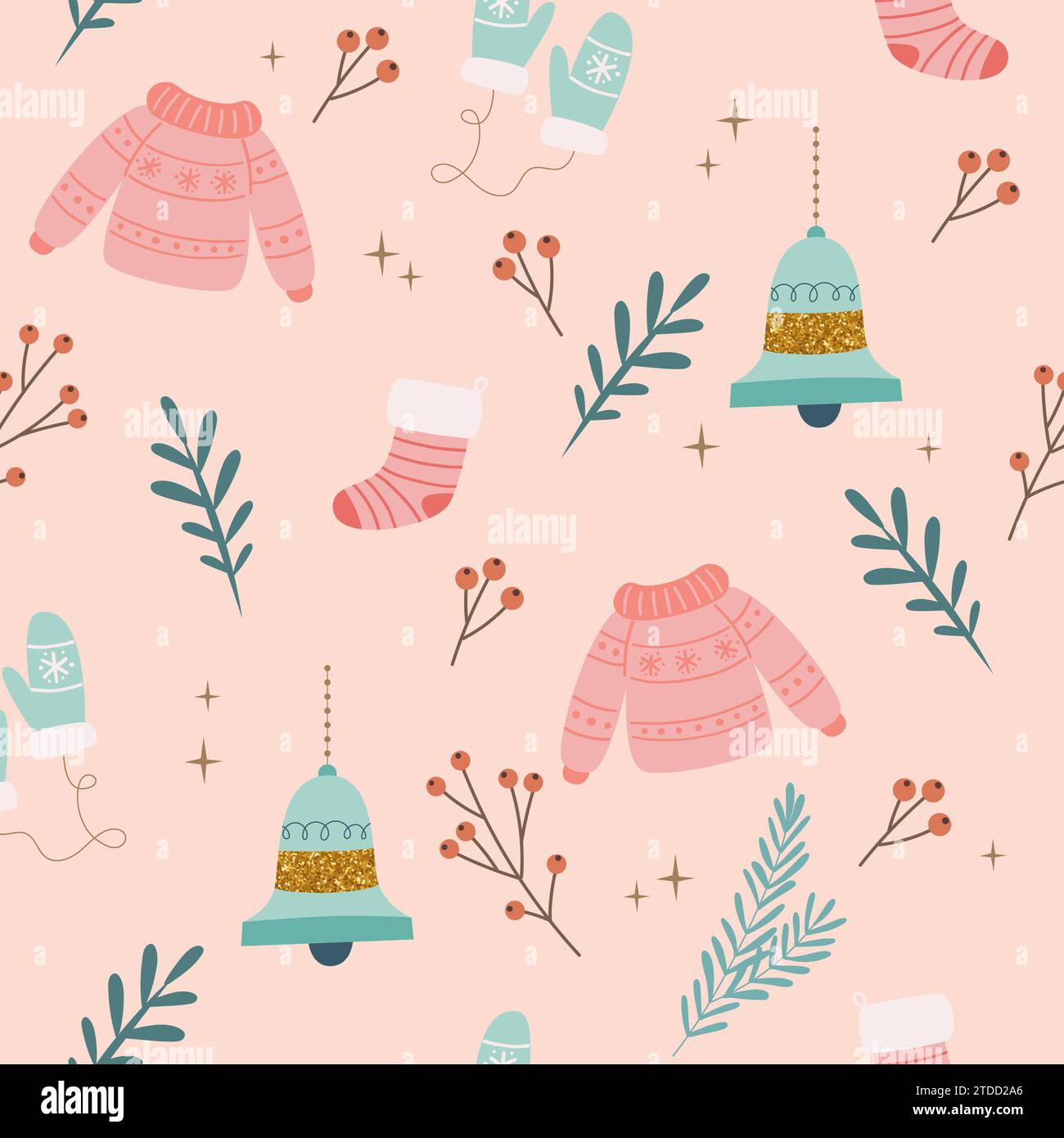 Christmas seamless pattern with sweaters and bells. Seasonal winter design. Cute vector illustration in flat cartoon style Stock Vector