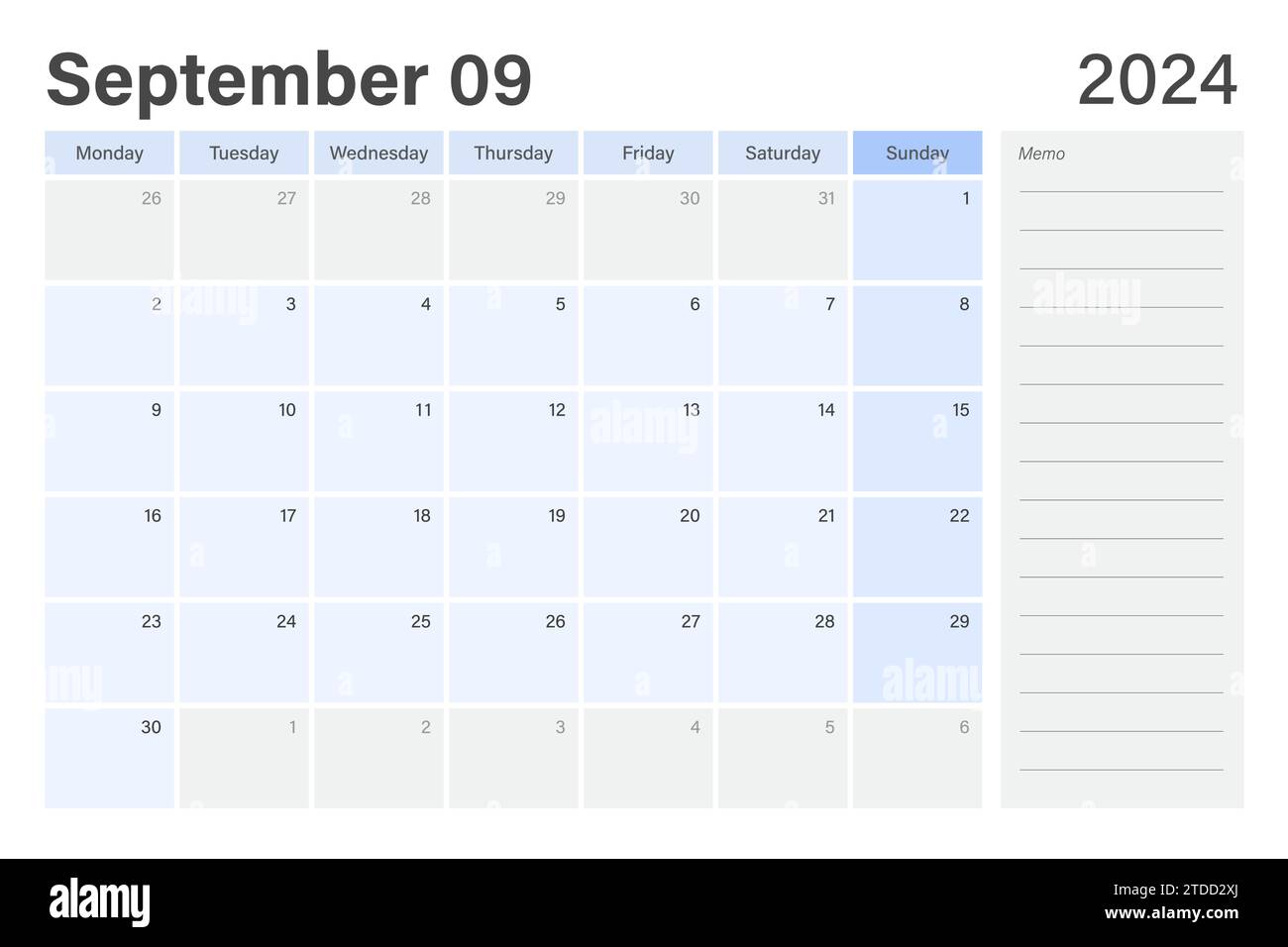 2024 September desk planer calendar weeks start on Monday in light blue and gray theme with empty line memo note space, vector design Stock Vector