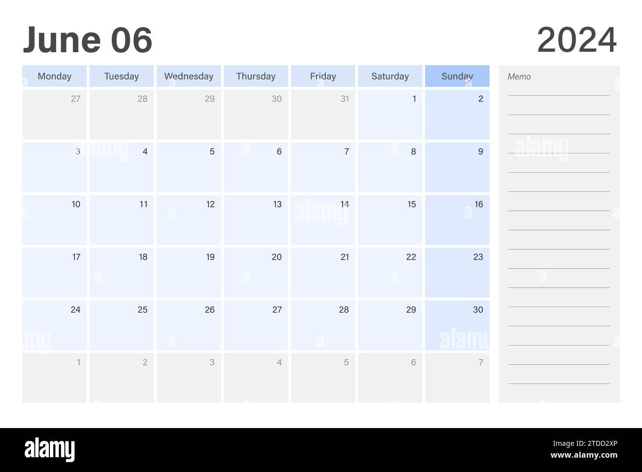 2024 June desk planer calendar weeks start on Monday in light blue and