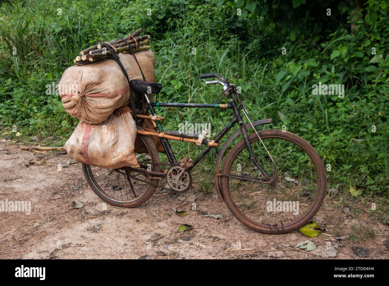 Old rustic bicycle loaded with heavy cargo and goods, way to transport in remote places in Africa Stock Photo