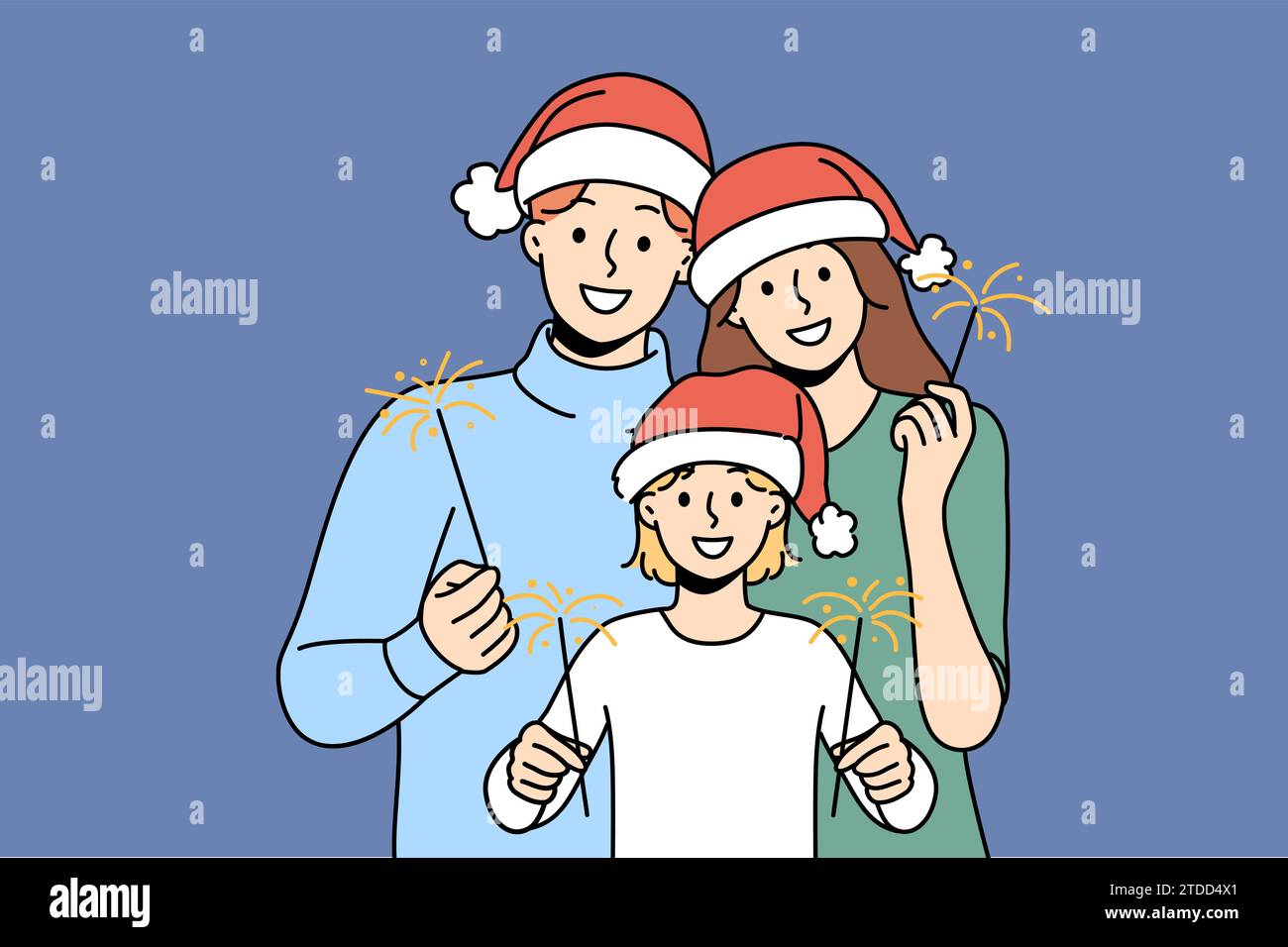 Christmas family of dad with mom and smiling child use sparklers