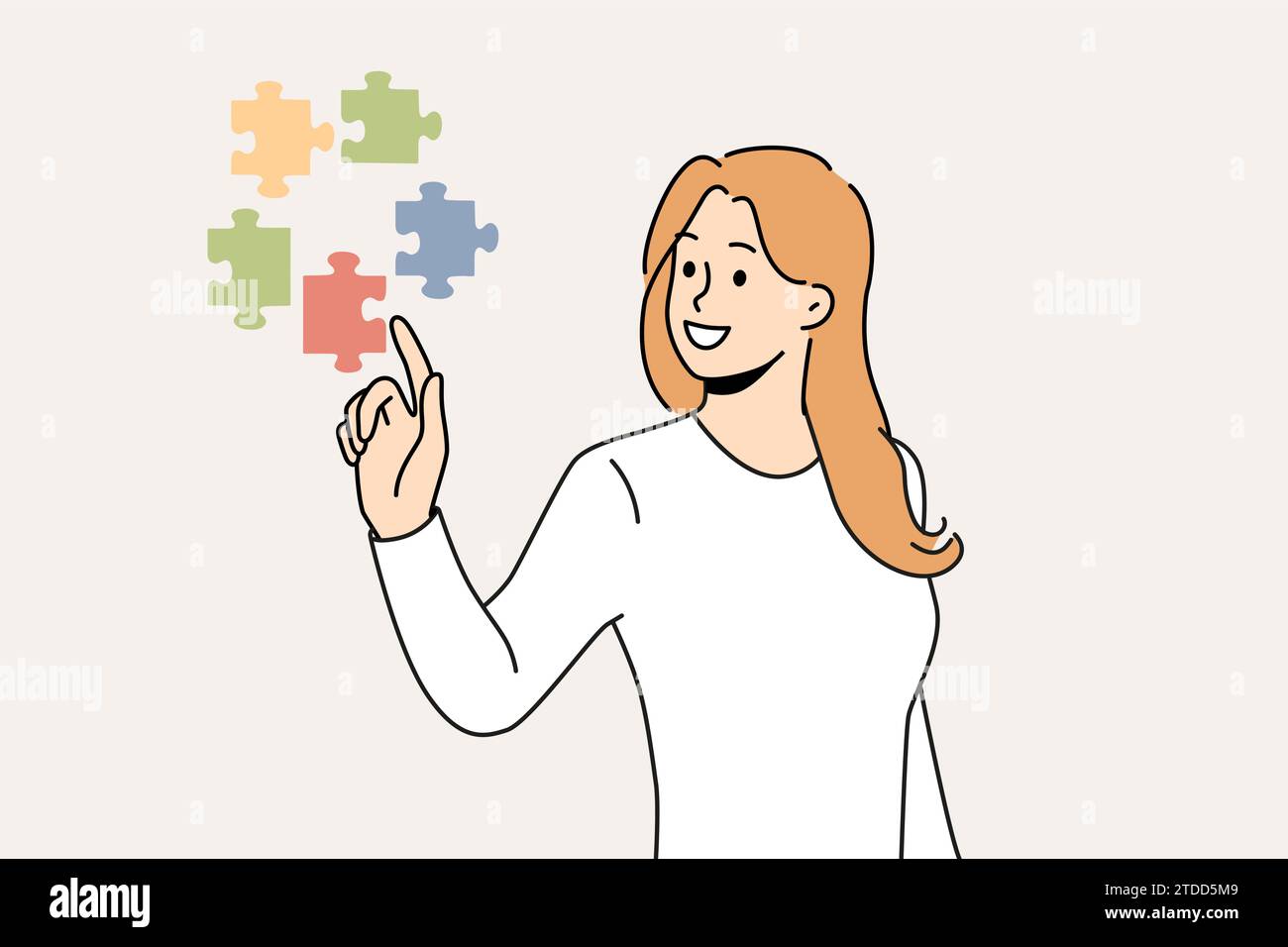 Confident woman doing brainstorming touching with finger flying puzzles symbolizing business task that requires solution. Girl with smile solves complex business problem on behalf of manager. Stock Vector