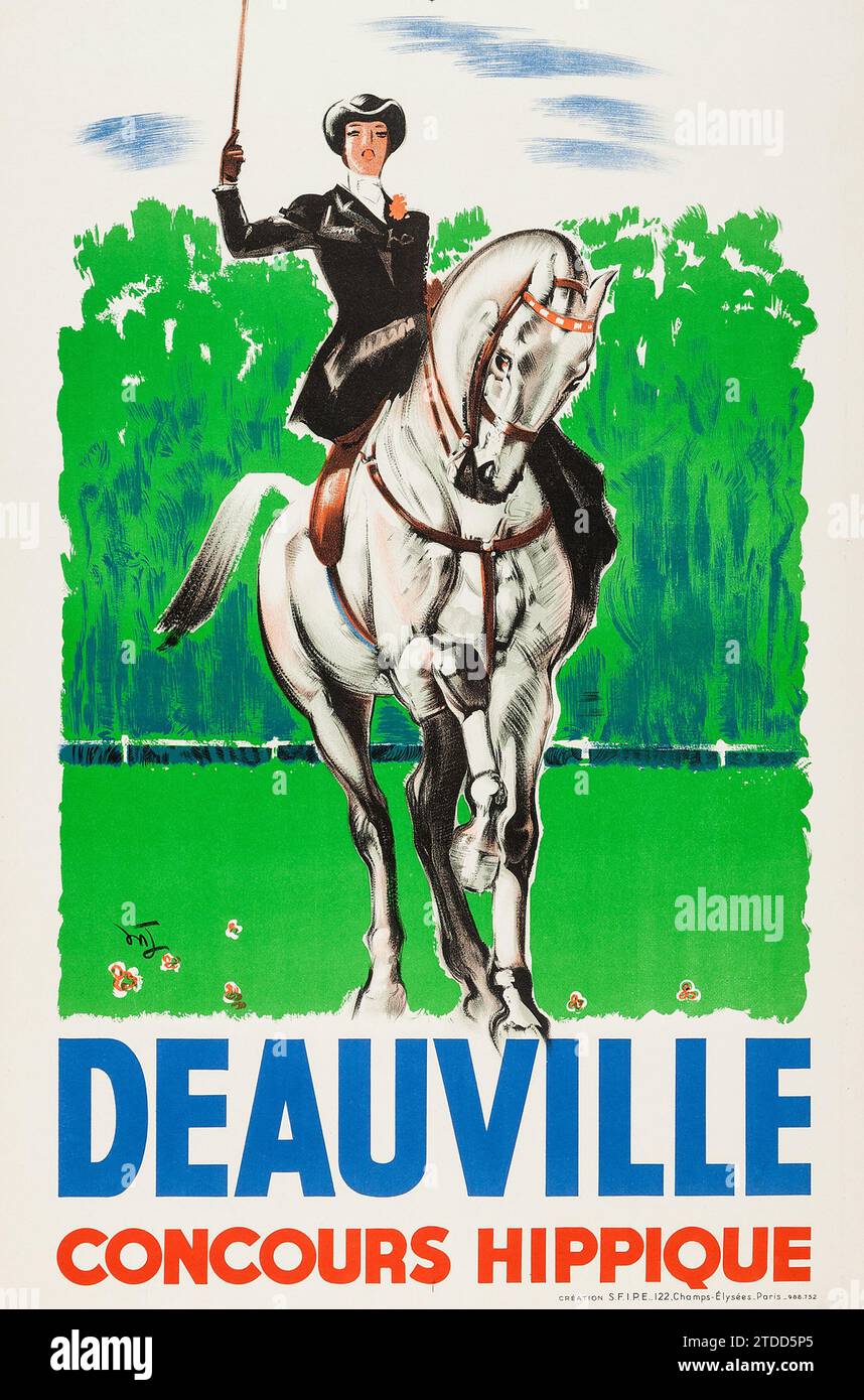Deauville Concours Hippique (1930s). French Travel Poster feat a woman riding a white horse Stock Photo