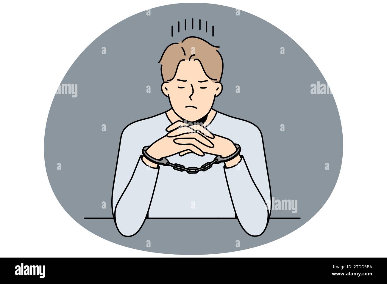 Unhappy young man in handcuffs sit at desk in interrogation room. Stressed male criminal or thief in cuffs wait in jail cell or prison. Vector illustration. Stock Vector