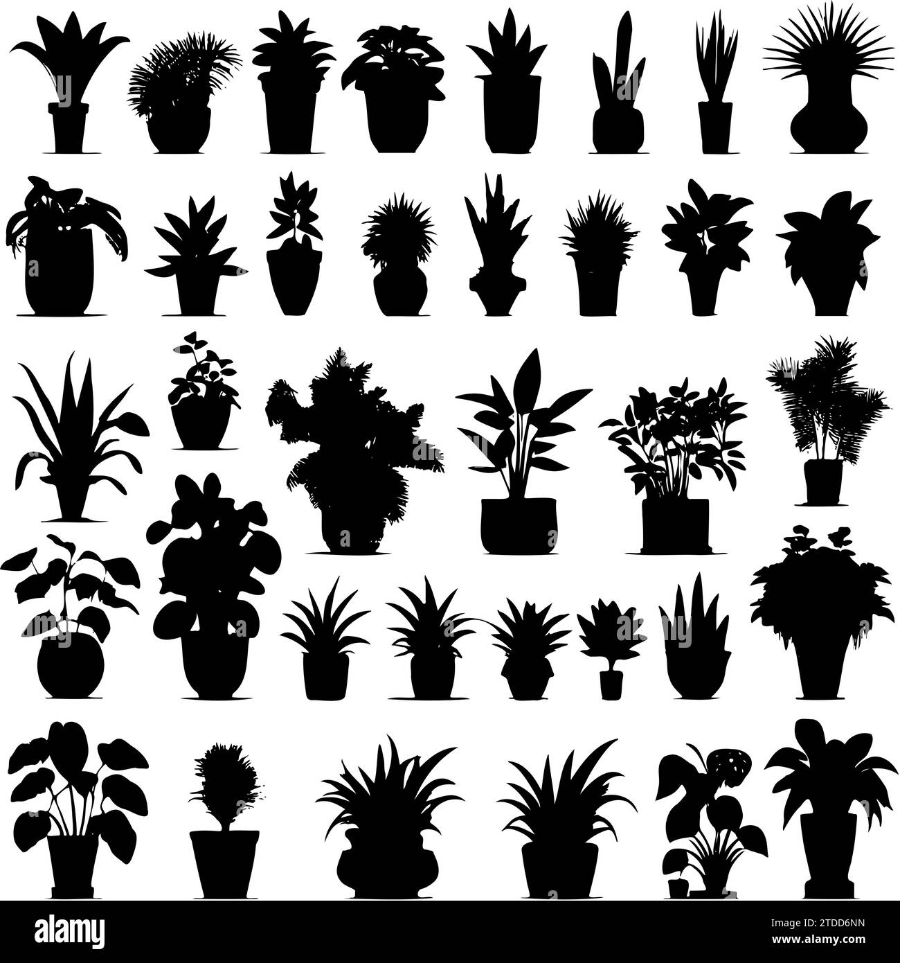 Houseplants. Vector set silhouettes home plants, succulents in pot. Indoor exotic flowers with stems and leaves. Monstera, ficus, pothos, yucca, dracaena, cacti, snake plant for home and interior Stock Vector