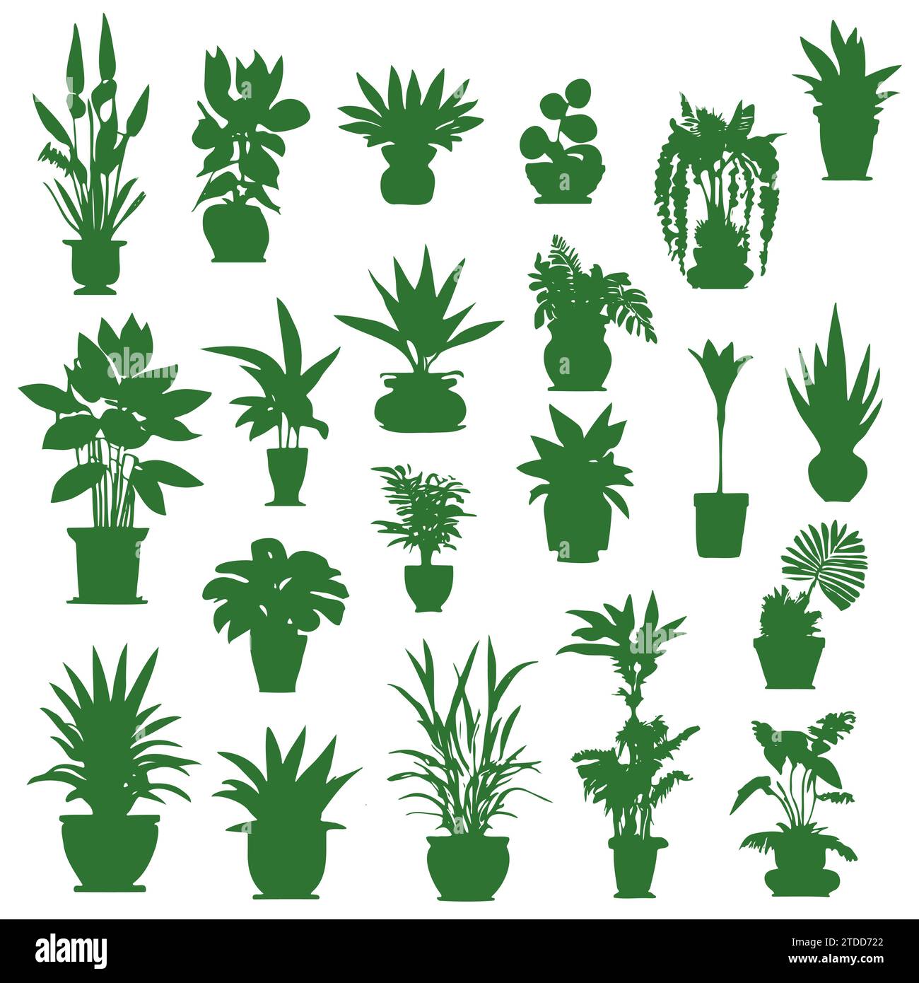 Set different potted houseplants silhouettes. Indoor flowers or plants in flower pots flat vector illustrations collection Stock Vector