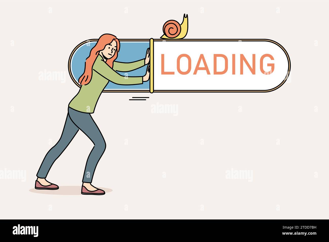 Woman suffers from slow internet and pushes loading bar with snail, needing to connect to 5G network. Problems with internet causing decrease in productivity for completing work tasks Stock Vector