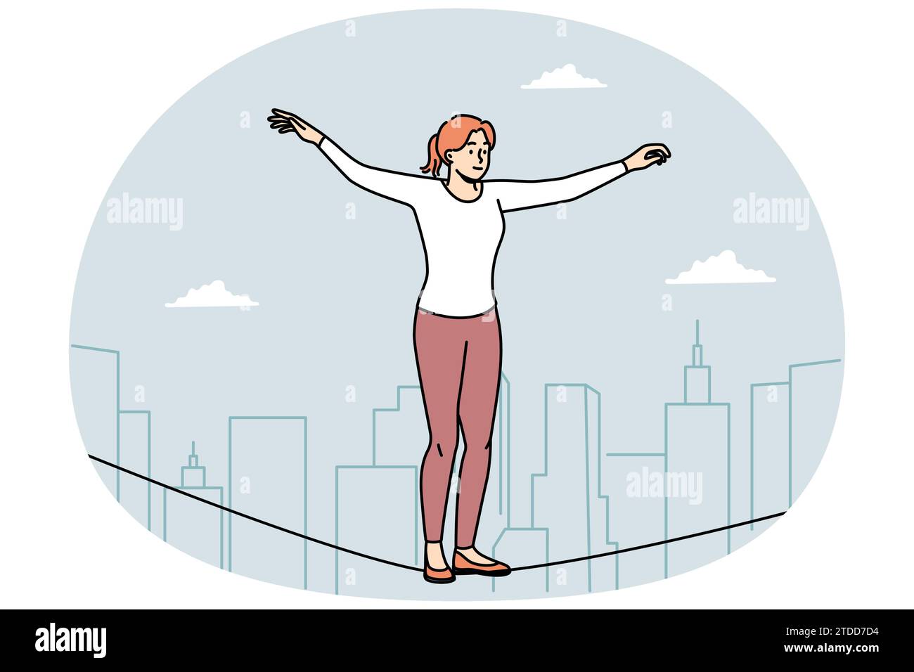 Young woman equilibrist walking on rope in air. Female walker engaged in extreme sportive physical activity. Hobby concept. Vector illustration. Stock Vector