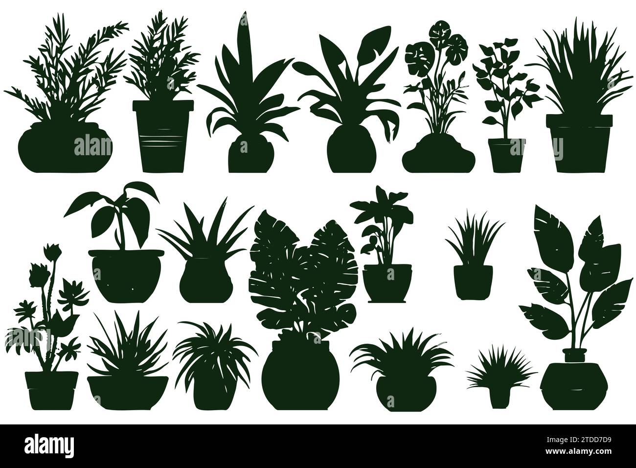 Collection silhouettes houseplants. Potted plants isolated on white. Set green tropical plants. Trendy home decor with indoor plants, planters Stock Vector