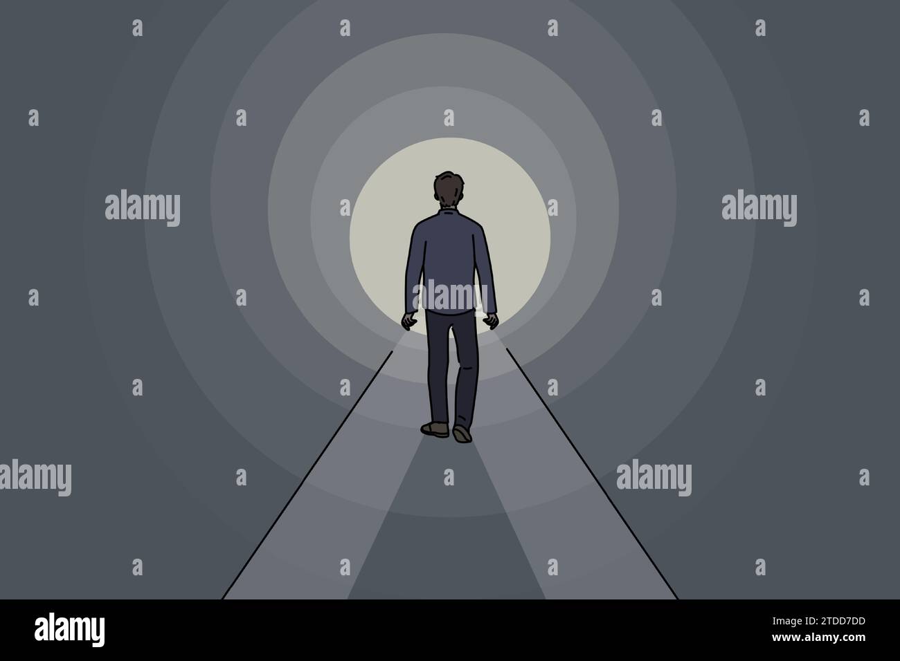 Man walks through dark tunnel towards exit, striving to achieve success and get out of problematic situation. Lonely guy sees light at end of tunnel, walking along mysterious path. Stock Vector