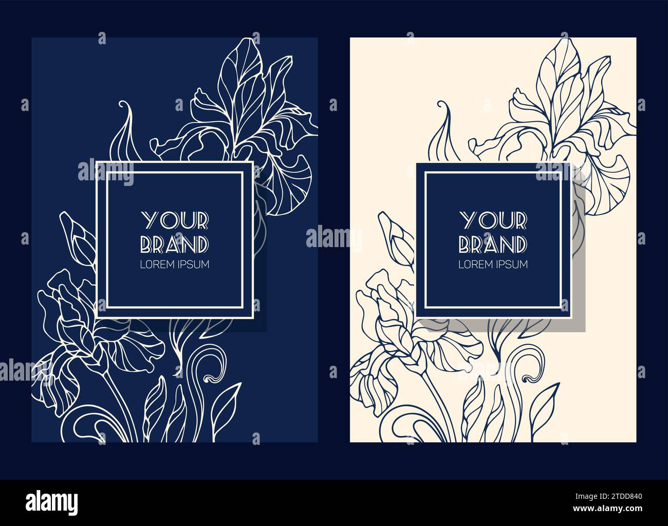 Set of luxury backgrounds. Exquisite irises flowers. Art Nouveau. For salons, cosmetics, website, wedding invitations, packaging, flyer. Frame in Japa Stock Vector
