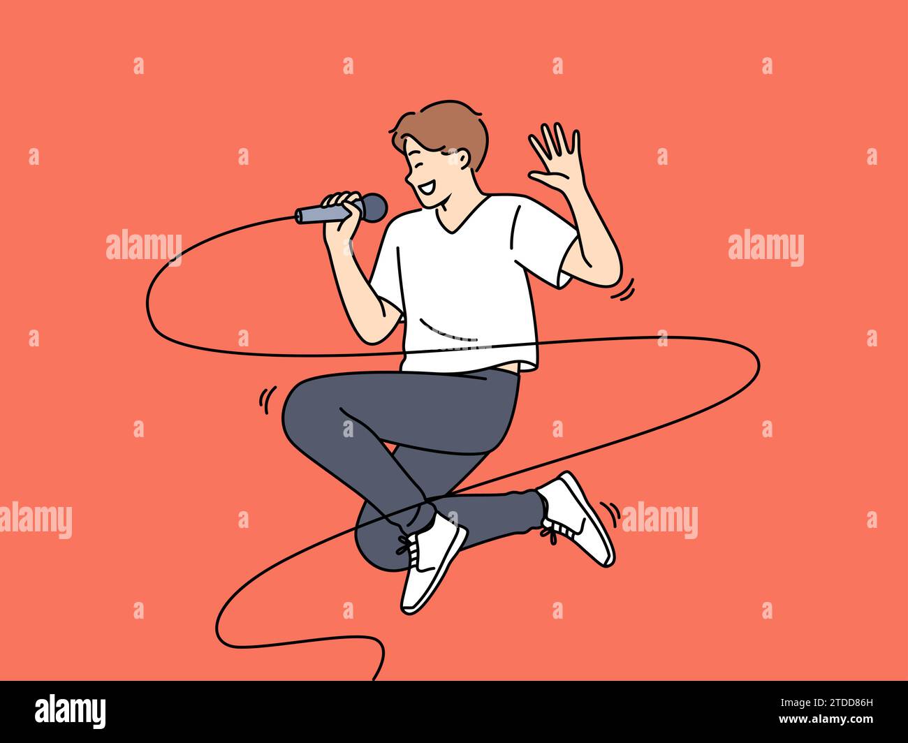 Jumping male singer with microphone enjoys performing energetic songs at karaoke party. Popular singer performing at concert and smiling while singing solo pop or hip hop composition. Stock Vector
