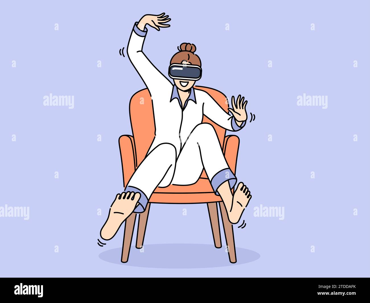Woman wearing vr headset sits in chair and waves arms and legs, feeling euphoria of being immersed in virtual reality. Girl in pajamas uses vr glasses to travel through metaverse and play video games. Stock Vector
