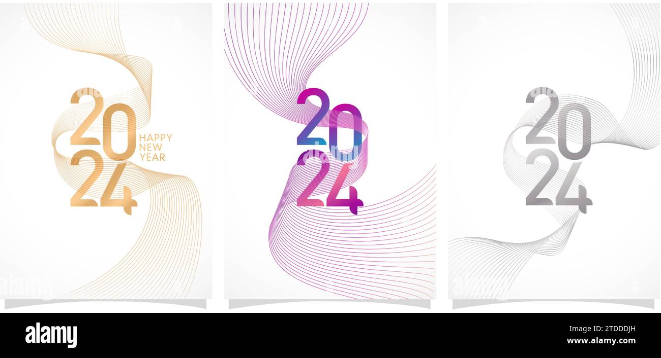 three Set of abstract backgrounds with curved wavy lines and numbers 2024 Vector illustration for New Years calendar, covering, social media headers Stock Vector