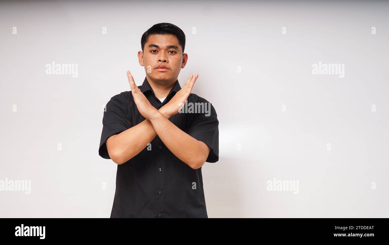 asian man is using sign language with hand. learn sign language by hand. ASL American Sign Language Stock Photo