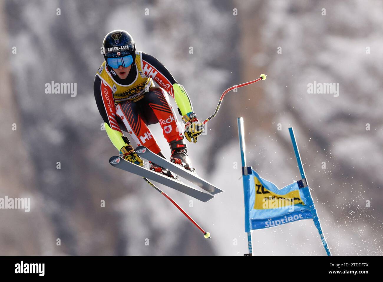 Canada's Riley Seger speeds down the course during an alpine ski, men's