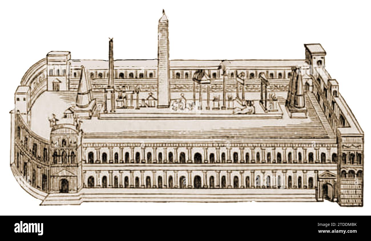 An old engraving showing the typical design of an ancient Roman circus -  A kind of amphitheatre in the form of a large open-air venue used mainly for chariot races and other kinds of entertainment. The central strip, the spina  usually featured ornamental columns, statues and   obelisks, with the turning points at each end being marked by conical poles, called the metae  or meta -  Un'antica incisione che mostra il design tipico di un antico circo romano - Una sorta di anfiteatro a forma di grande luogo all'aperto utilizzato principalmente per corse di bighe e altri tipi di intrattenimento. Stock Photo