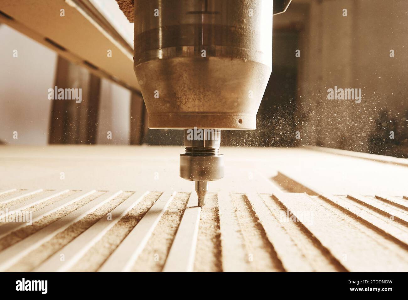 CNC milling machine. Machine tool in wood factory with drilling