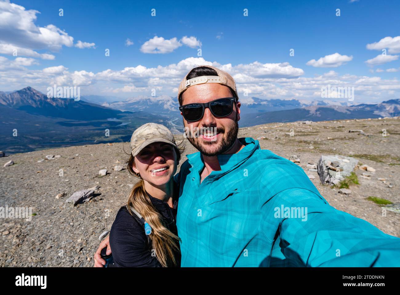 Hiking Couple Taking Selfie On Mountain Stock Photo - Alamy