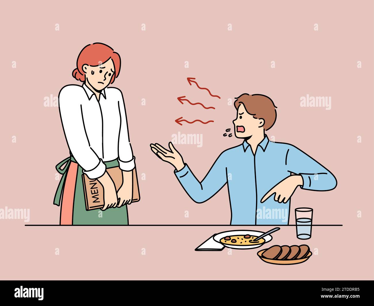 Man restaurant visitor shouts at woman waiter because food is not tasty or mistake made by cafe staff. Poor quality and slow service in restaurant caused dispute between guest and staff Stock Vector